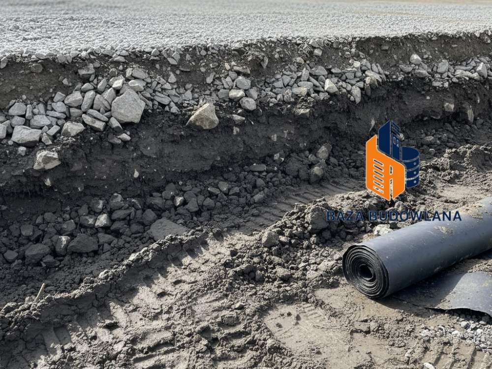 Geowłóknina separacyjna układana pod kruszywo podczas budowy trwałej drogi dojazdowej.