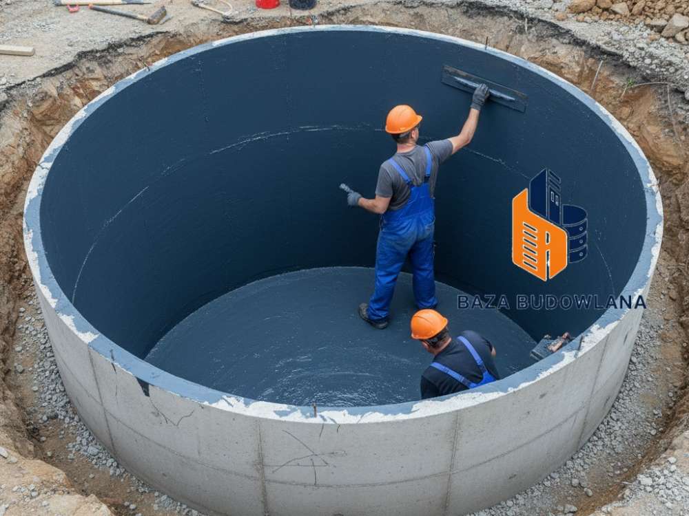 Hydroizolacja betonowego zbiornika na deszczówkę zabezpieczająca konstrukcję przed nieszczelnością.