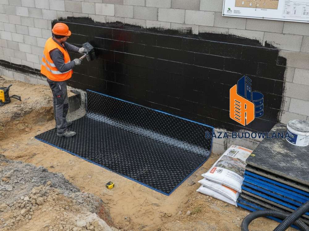 Hydroizolacja fundamentów budynku wykonana z masy bitumicznej chroniąca przed wilgocią.