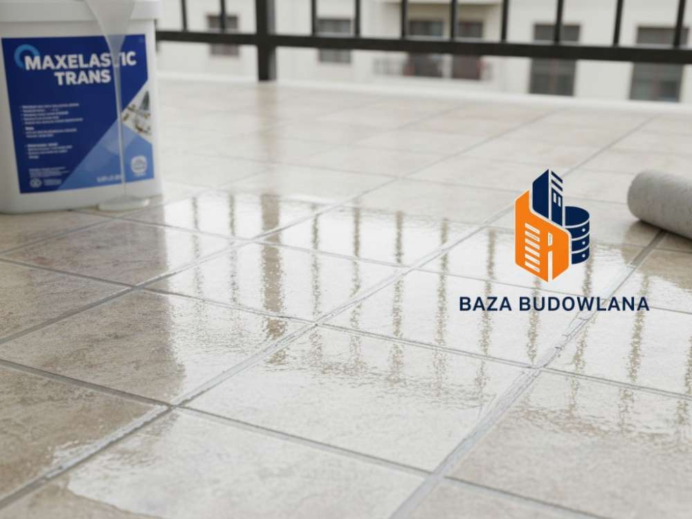 Przezroczysta hydroizolacja MAXELASTIC TRANS na płytkach balkonowych tworząca wodoszczelną powłokę.