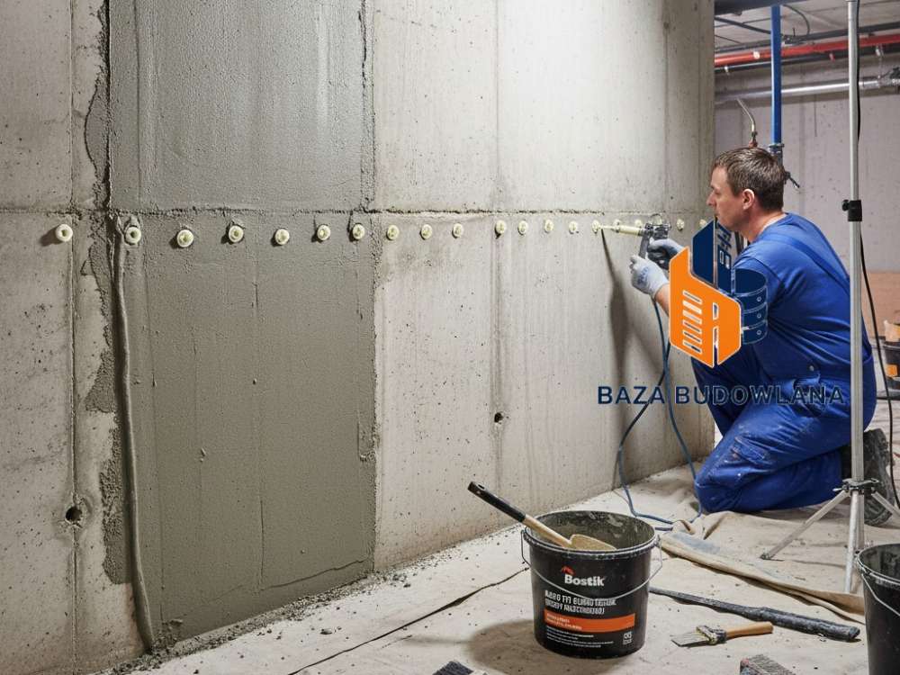 Hydroizolacja piwnicy od środka z użyciem powłoki uszczelniającej ściany i fundamenty.