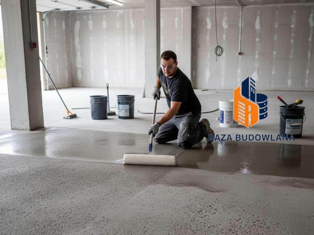 Impregnacja posadzki w garażu chroniąca beton przed pyleniem, wilgocią i plamami z oleju.