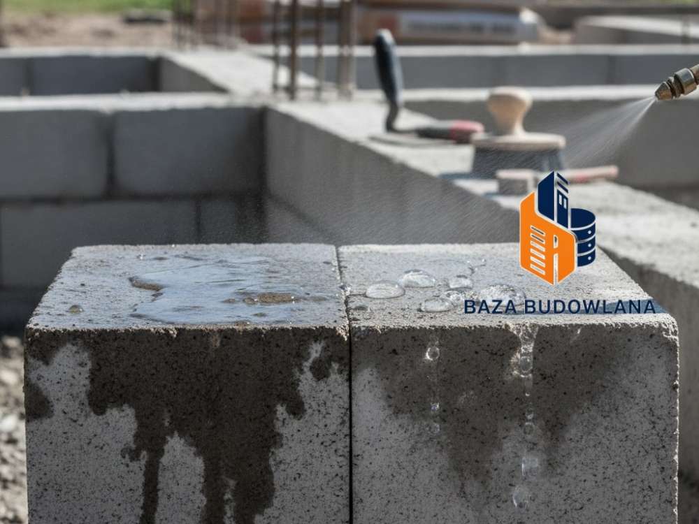 Krople wody na powierzchni betonu zabezpieczonej impregnatem hydrofobowym do materiałów mineralnych.