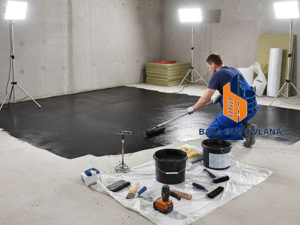 Aplikacja gruntu na beton podczas wykonywania izolacji posadzki w garażu przed wodą.
