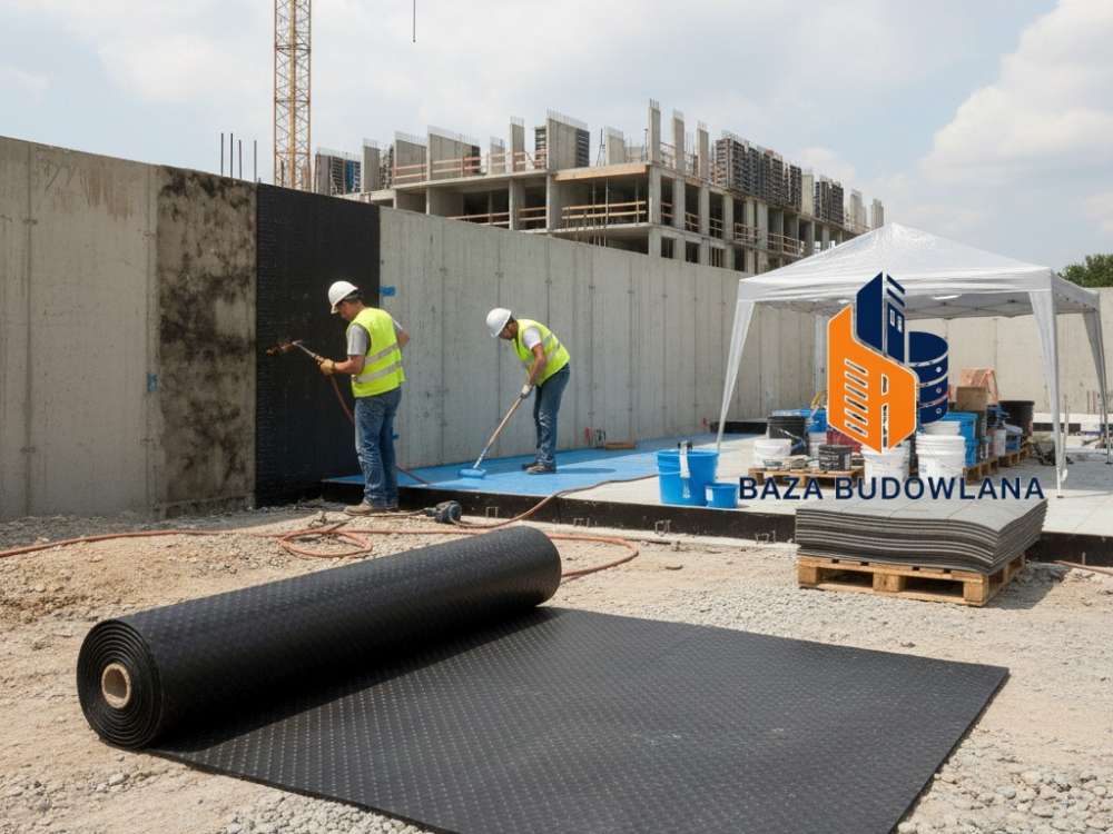 Izolacja przeciwwodna fundamentów z użyciem bentonitu przy wysokim poziomie wód gruntowych.