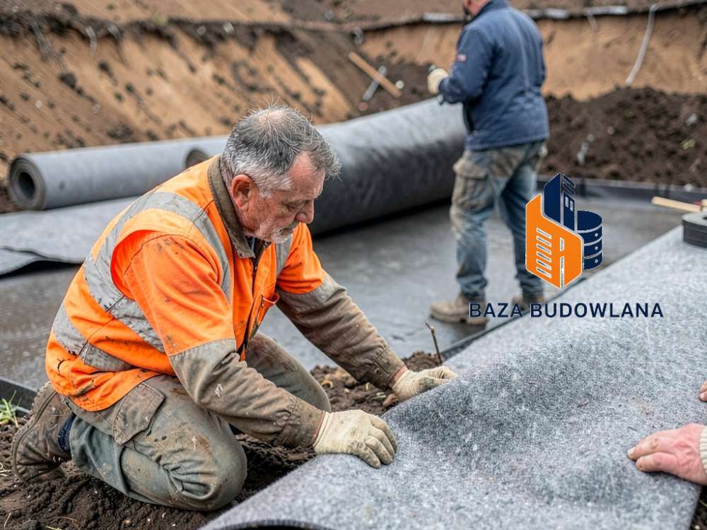 Mata bentonitowa GCL montowana jako szczelna hydroizolacja dna nowoczesnego oczka wodnego.