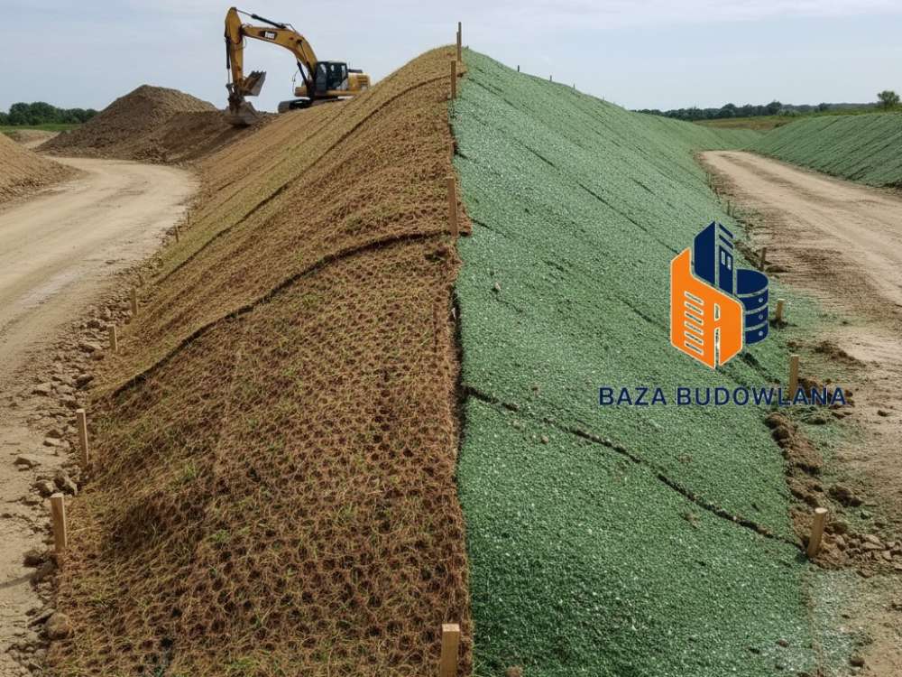 Zabezpieczenie skarpy przed erozją z wykorzystaniem maty biodegradowalnej i techniki hydroobsiewu.