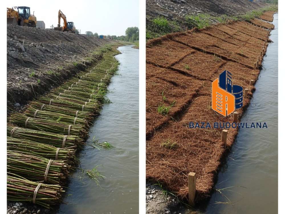 Naturalne umocnienie brzegu zbiornika wodnego z wykorzystaniem maty kokosowej i faszyny wierzbowej przeciw erozji.