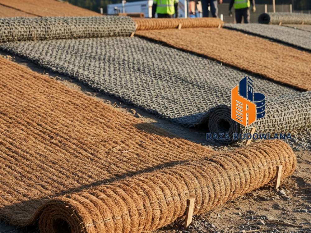 Mata przeciwerozyjna ułożona na stromym zboczu w celu stabilizacji gruntu i ochrony przed erozją.