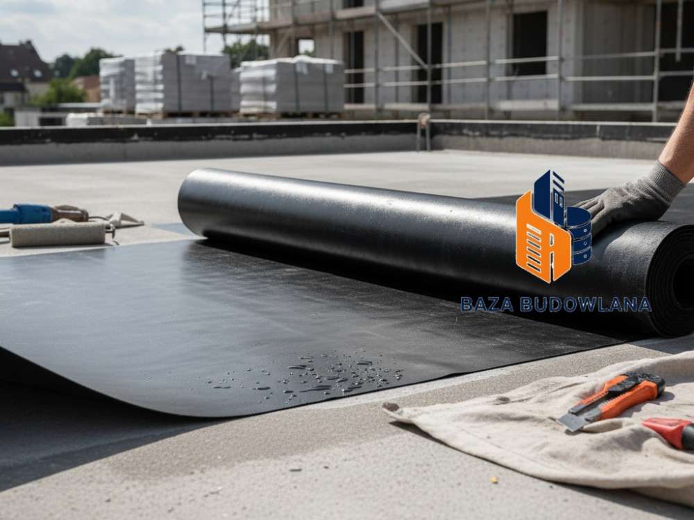 Montaż elastycznej membrany hydroizolacyjnej zabezpieczającej konstrukcję tarasu przed wilgocią.