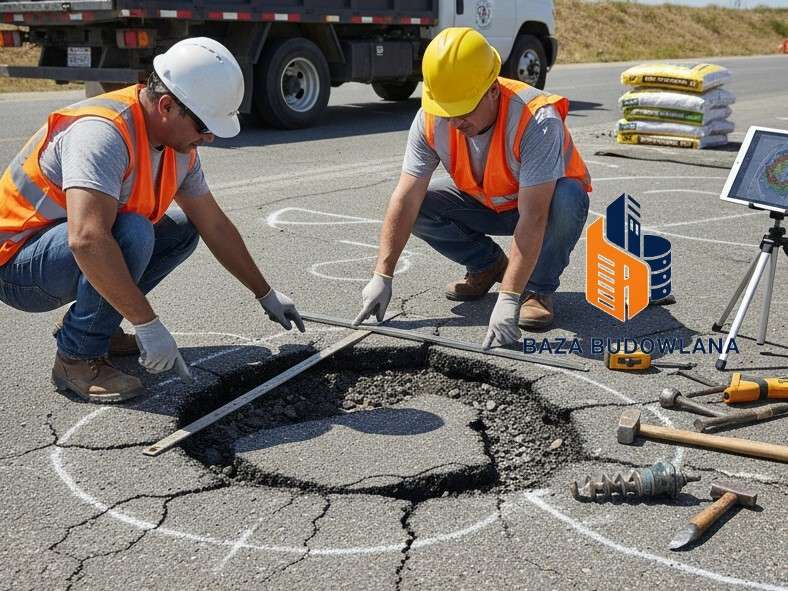 Naprawa asfaltu i wypełnianie ubytków masą bitumiczną na uszkodzonej nawierzchni drogi.