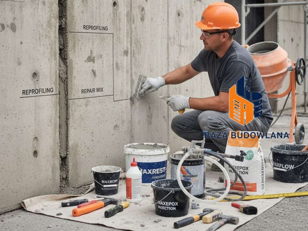 Naprawa ubytków, reprofilacja i wyrównanie betonu na zewnątrz profesjonalną zaprawą.