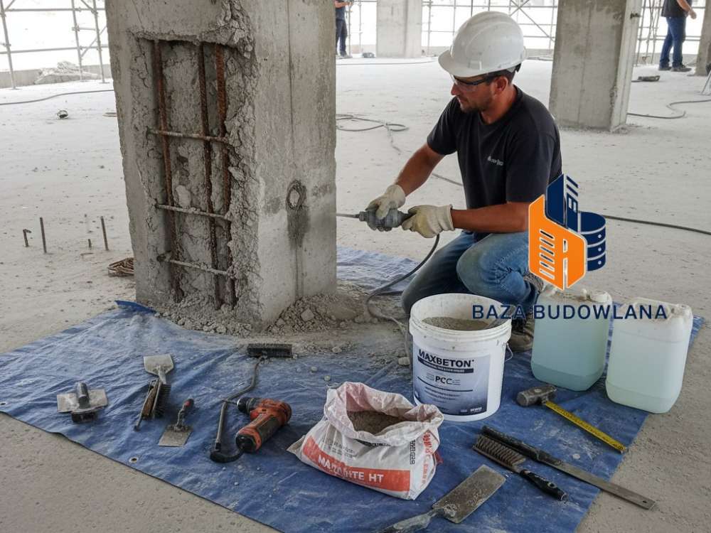 Profesjonalna naprawa betonu przy użyciu specjalistycznej zaprawy typu PCC na uszkodzonej powierzchni.