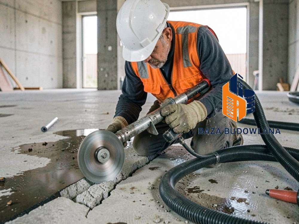 Naprawa posadzki betonowej w garażu oraz diagnostyka uszkodzeń i pęknięć podłoża.