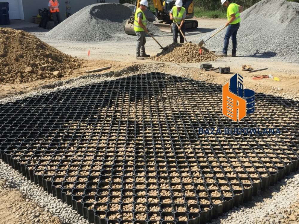Stabilny podjazd z geokraty komórkowej zasypanej żwirem, stanowiący nawierzchnię biologicznie czynną.