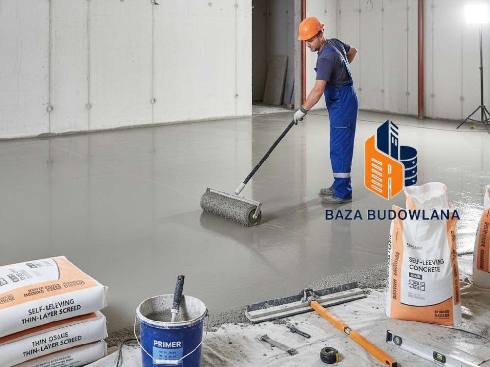 Wylewanie masy samopoziomującej na podłogę w celu uzyskania gładkiej posadzki samopoziomującej.