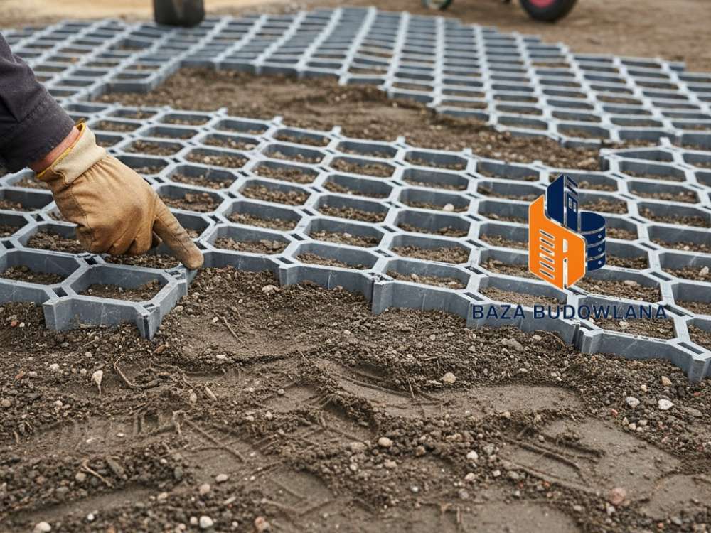 Samodzielny montaż plastikowej kratki parkingowej na przygotowanym podłożu podjazdu przed domem.