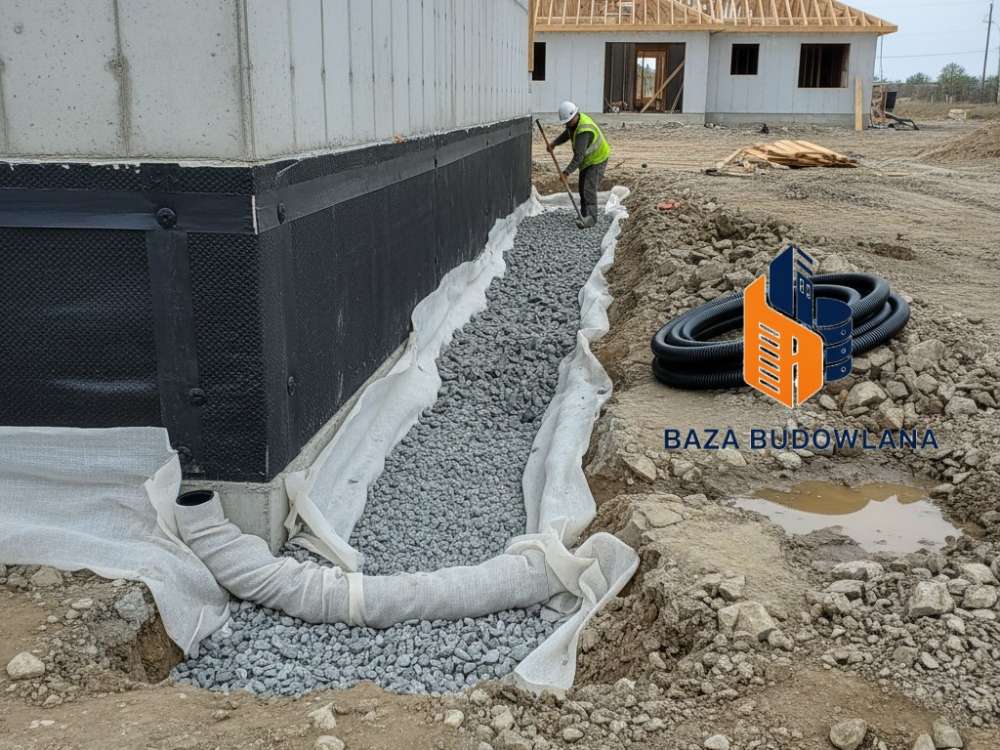Drenaż opaskowy fundamentów z użyciem Timgeo GR chroniący budynek przed podtopieniami.