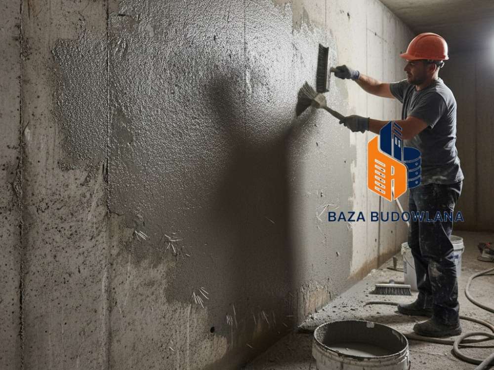 Aplikacja penetrującego szlamu krystalicznego tworzącego warstwę izolacji przeciwwodnej w betonie.