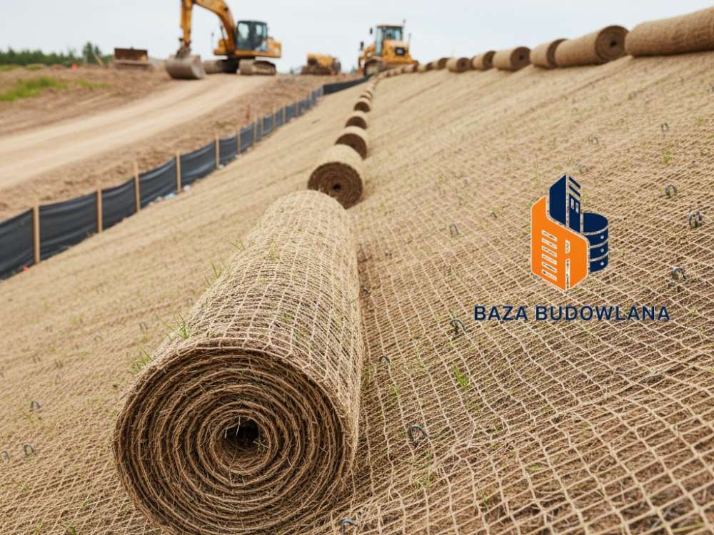 Biosiatka z nasionami traw rozłożona na zboczu jako tanie zabezpieczenie skarpy przed erozją.