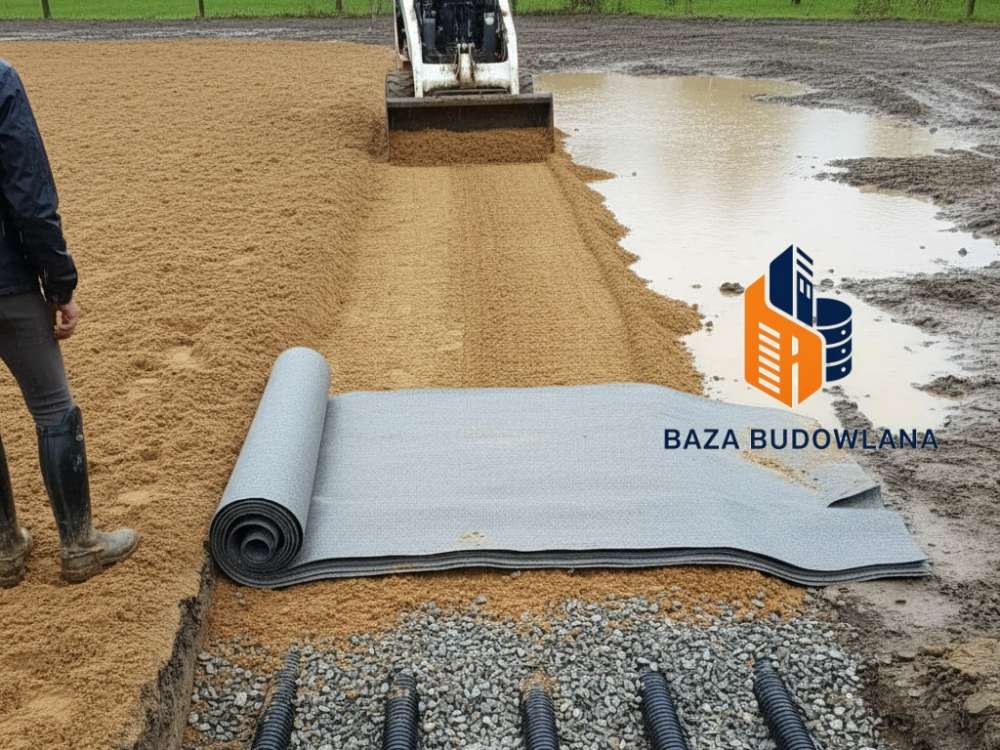 Stabilne podłoże ujeżdżalni z drenażem i geowłókniną, chroniące przed błotem podczas jesiennych treningów konnych.