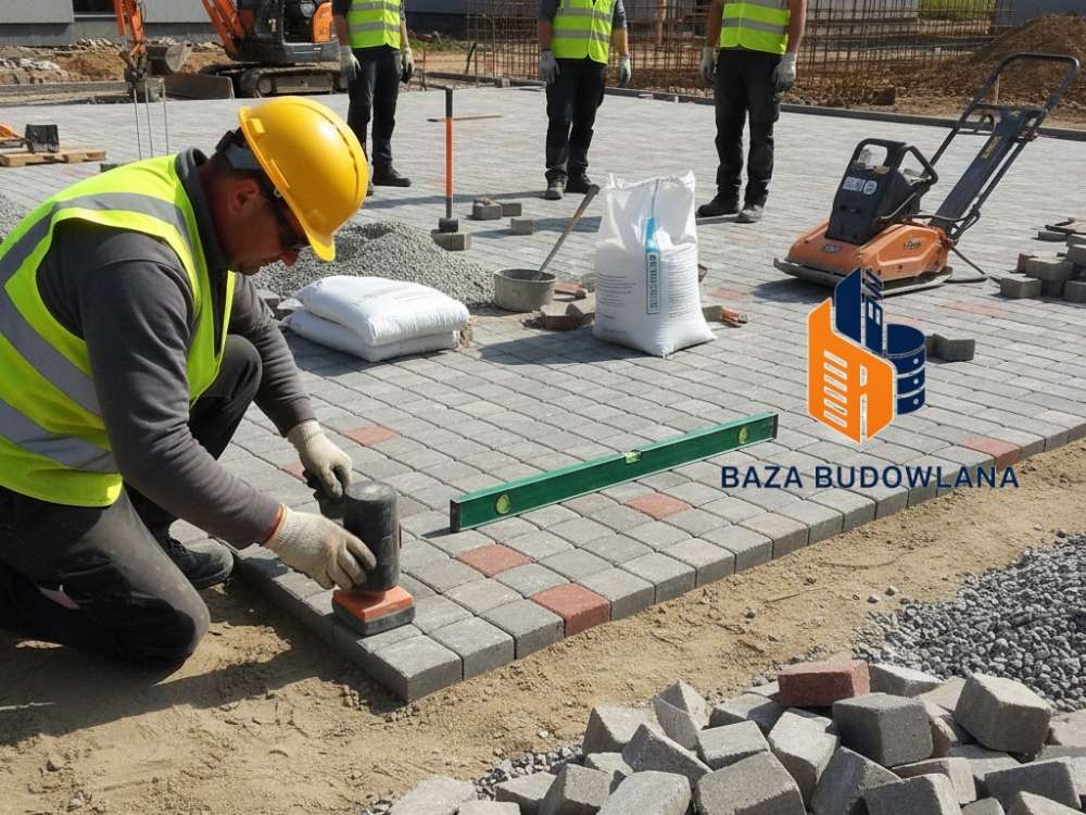 Profesjonalne układanie kostki brukowej przy użyciu zagęszczarki wibracyjnej na przygotowanym podłożu.