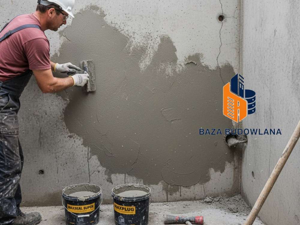 Uszczelnienie betonowego zbiornika na deszczówkę szlamem hydroizolacyjnym i cementem.