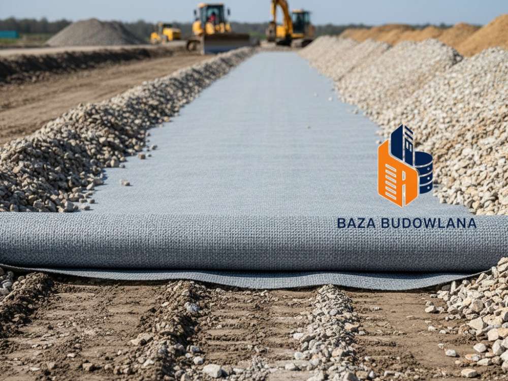 Geowłóknina separacyjna rozłożona na podłożu pod drogę dojazdową w celu stabilizacji i wzmocnienia gruntu.