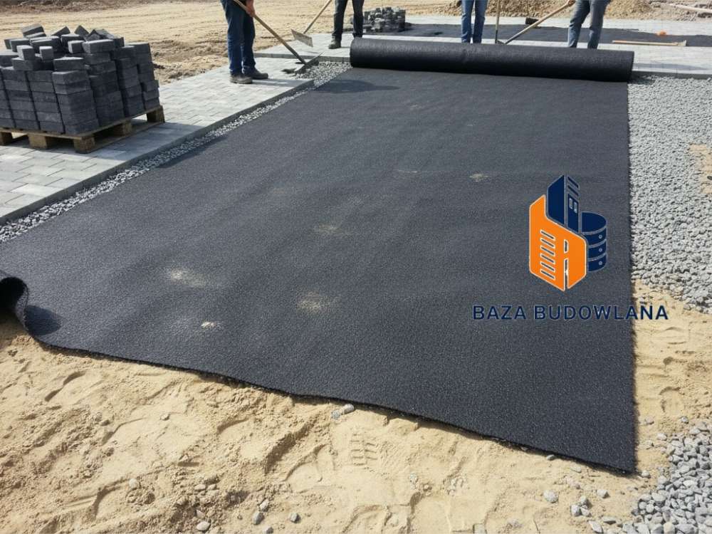 Geowłóknina separacyjna rozłożona na podłożu gruntowym pod warstwy podbudowy i kostkę brukową.