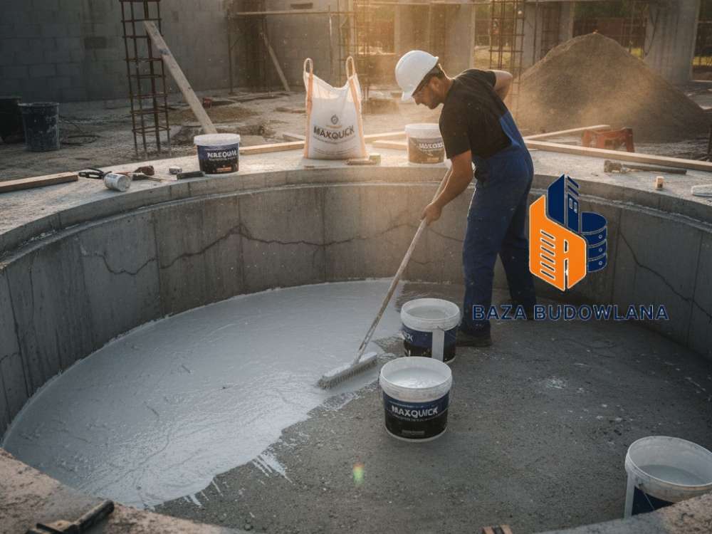 Uszczelnianie betonowej fontanny mineralną farbą cementową MAXQUICK odporną na stały kontakt z wodą.