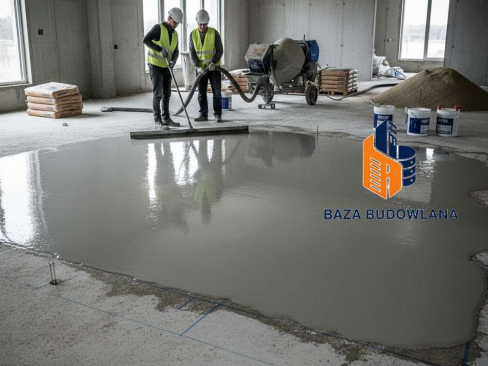 Pracownik wykonujący wylewkę samopoziomującą z domieszką BISEAL SCC na budowie.