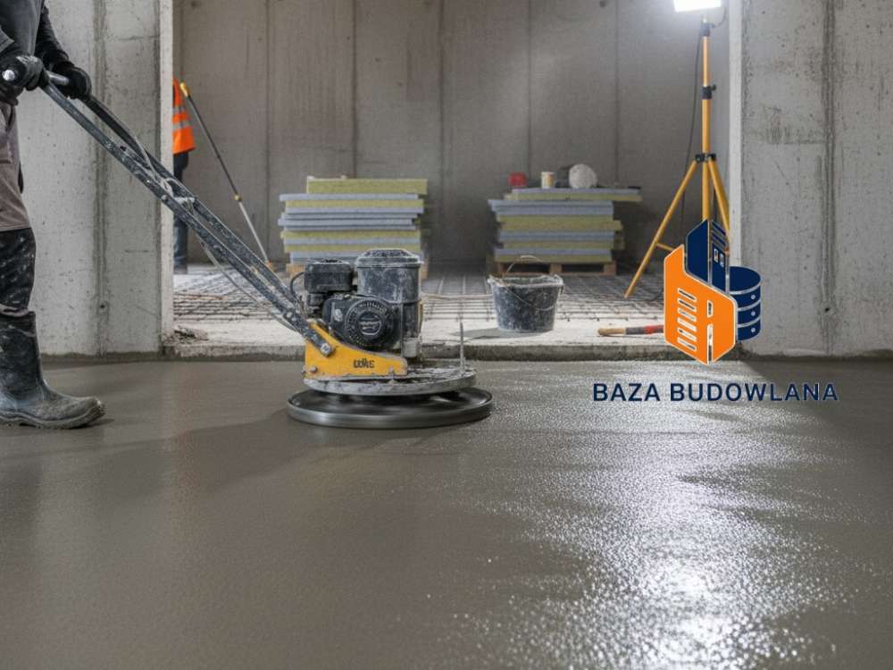 Pracownik wyrównujący mokrą wylewkę betonową na podłodze wewnątrz budynku.