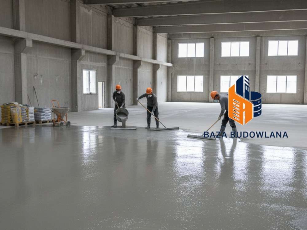 Cienkowarstwowa wylewka samopoziomująca 1-5 mm nałożona na gładką powierzchnię betonowej posadzki.