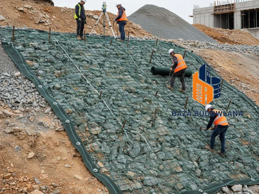 Geokrata zamontowana na zboczu w celu wzmocnienia skarpy i ochrony przed osuwaniem ziemi.