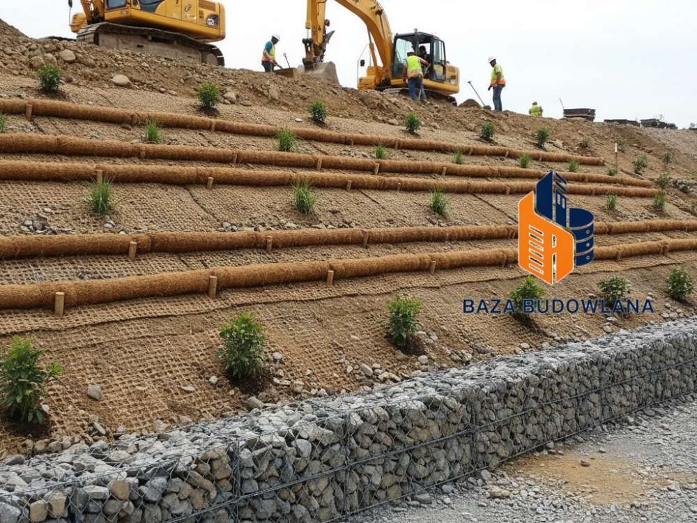 Zabezpieczenie skarpy przed osuwaniem i erozją za pomocą geokraty na stromym zboczu.