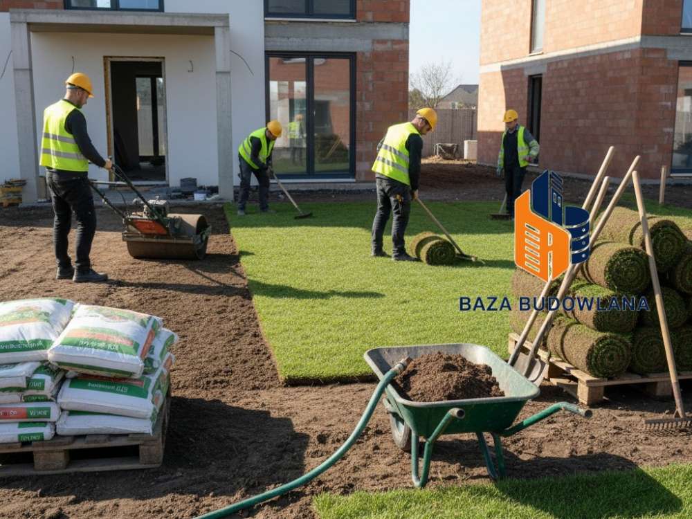 Zakładanie trawnika po budowie przy użyciu glebogryzarki i narzędzi ogrodowych na wyrównanej ziemi.