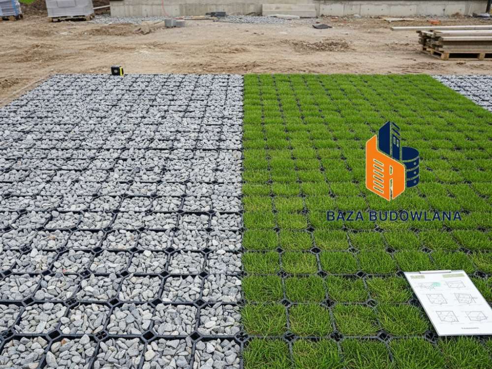 Eko kratka parkingowa na podjeździe wypełniona gęstą trawą oraz jasnym żwirem dekoracyjnym.