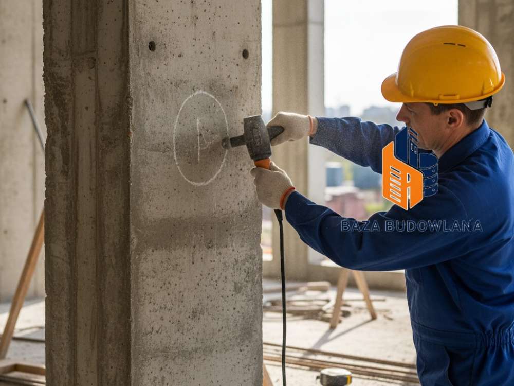 Inżynier wykonujący badania betonu i diagnostykę parametrów fizyko-mechanicznych konstrukcji.
