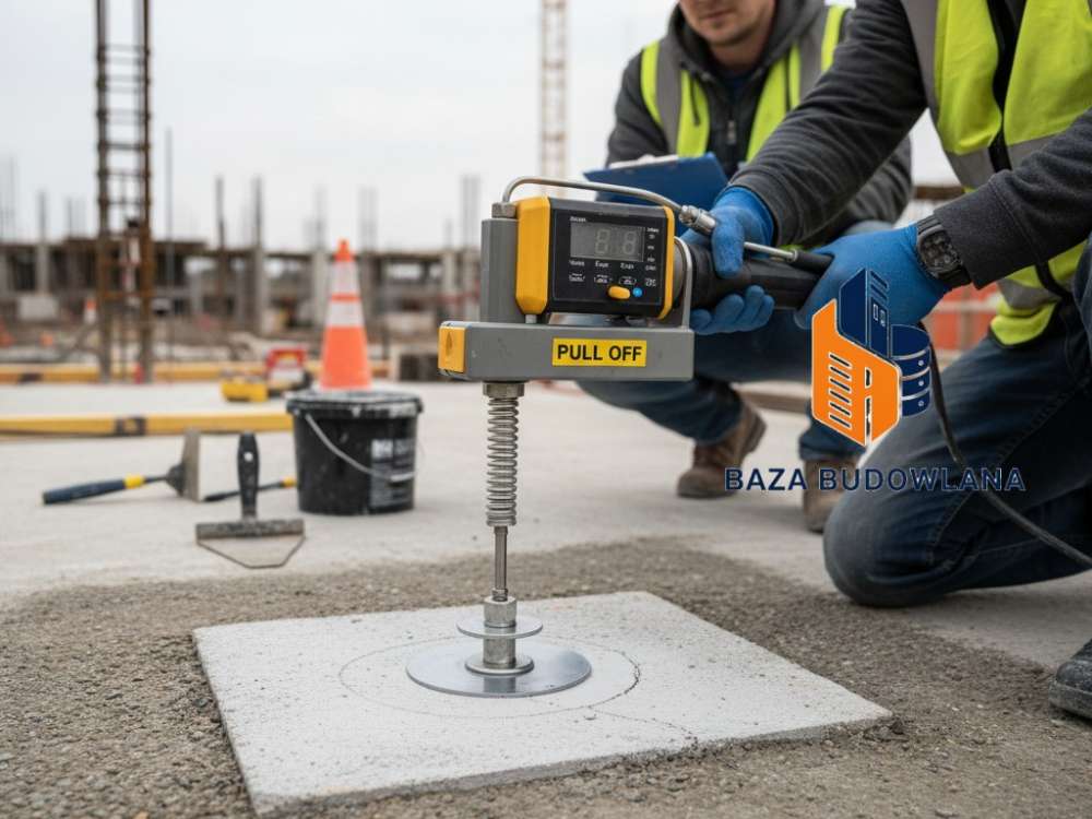 Badanie przyczepności metodą pull-off na podłożu betonowym przy użyciu specjalistycznego urządzenia.