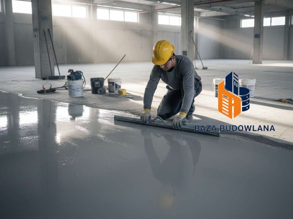 Nowoczesna i gładka posadzka żywiczna o wysokim połysku, wykonana w ramach profesjonalnej usługi budowlanej.