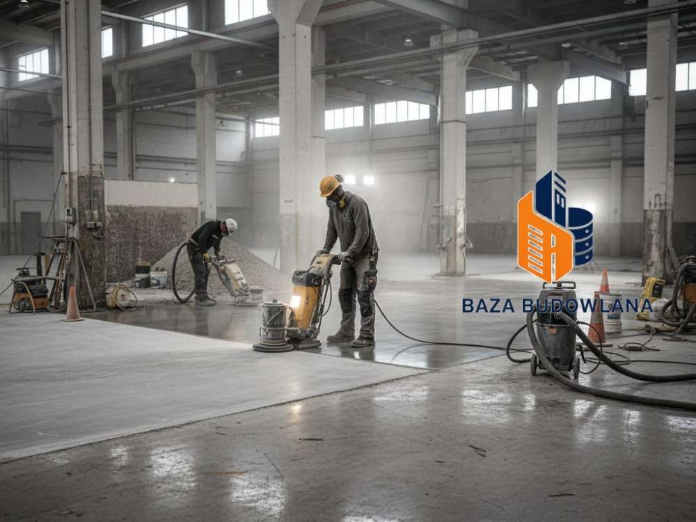 Profesjonalna renowacja posadzek betonowych w hali przemysłowej – szlifowanie i wzmacnianie betonu.