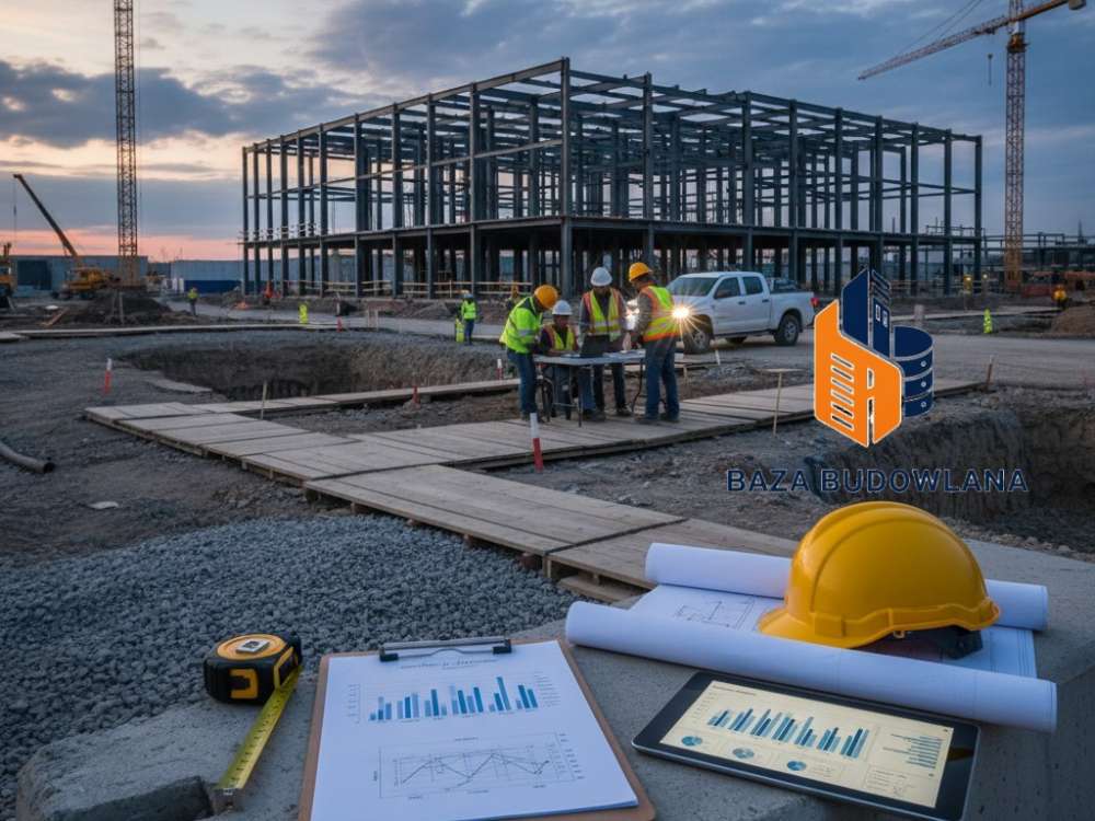 Inżynier analizujący studium wykonalności projektu budowlanego nad dokumentacją techniczną i planami.