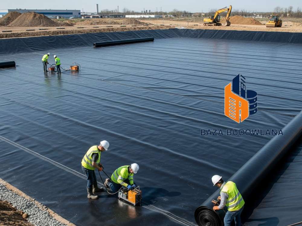 Precyzyjne zgrzewanie geomembrany PEHD podczas profesjonalnego wykonania uszczelnienia terenu.