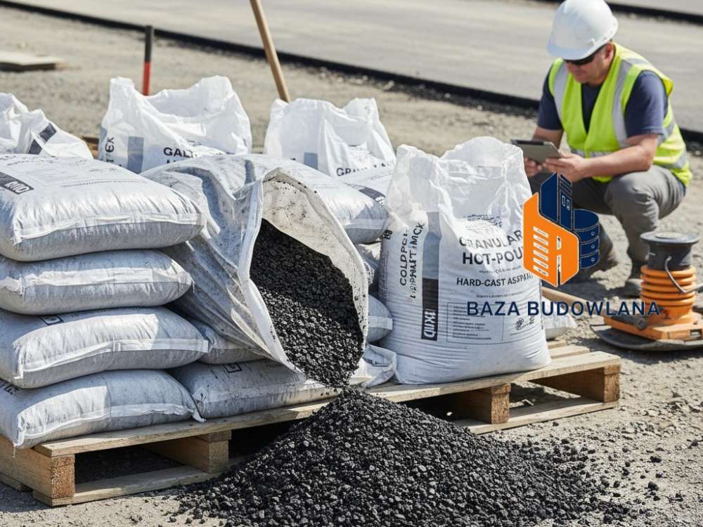 Pracownik drogowy stosujący asfalt w workach i masę na zimno do naprawy ubytków w nawierzchni.