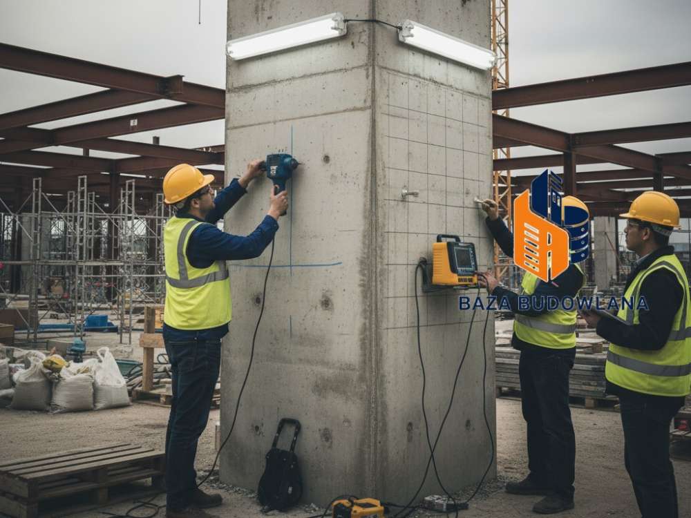 Inżynier przeprowadzający nieniszczące badania NDT betonu przy użyciu specjalistycznego sprzętu diagnostycznego.