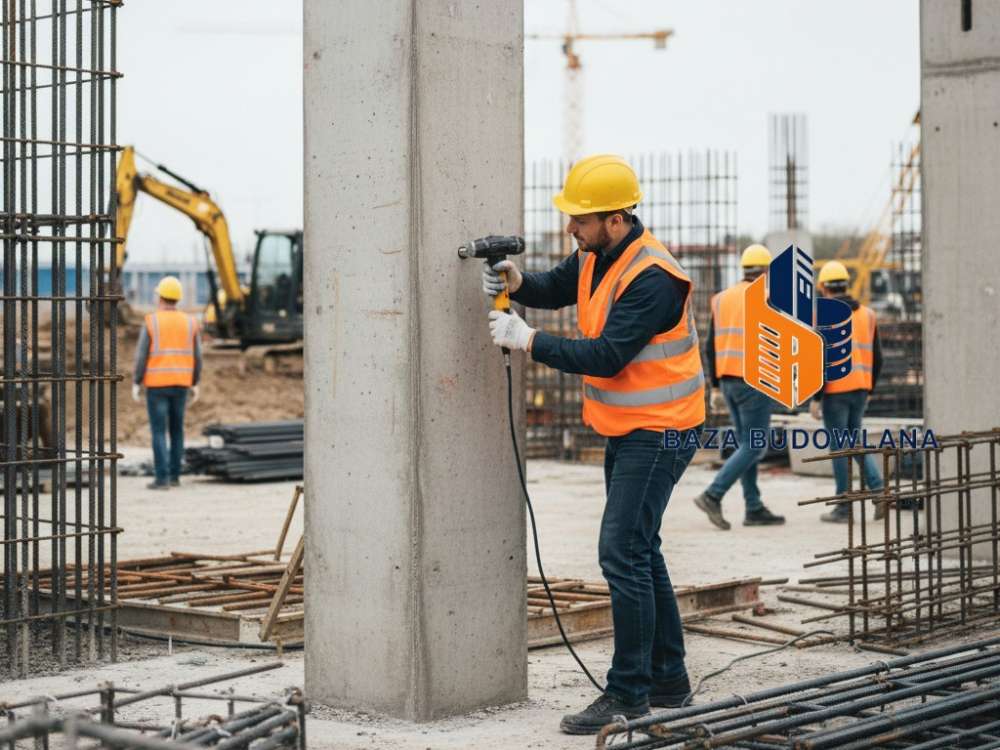Badanie sklerometryczne betonu młotkiem Schmidta wykonywane na konstrukcji budynku.