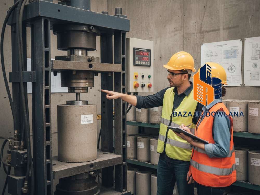 Badanie wytrzymałości betonu na ściskanie próbki w hydraulicznej prasie laboratoryjnej.