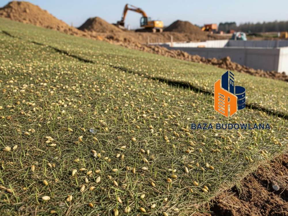 Biodegradowalna włóknina z nasionami trawy ułożona na gruncie w celu ochrony przeciwerozyjnej.