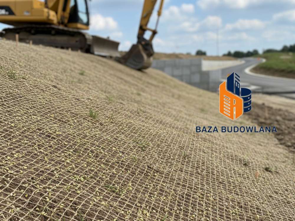 Biowłóknina z nasionami traw rozłożona na zboczu w celu stabilizacji i zazielenienia skarpy.