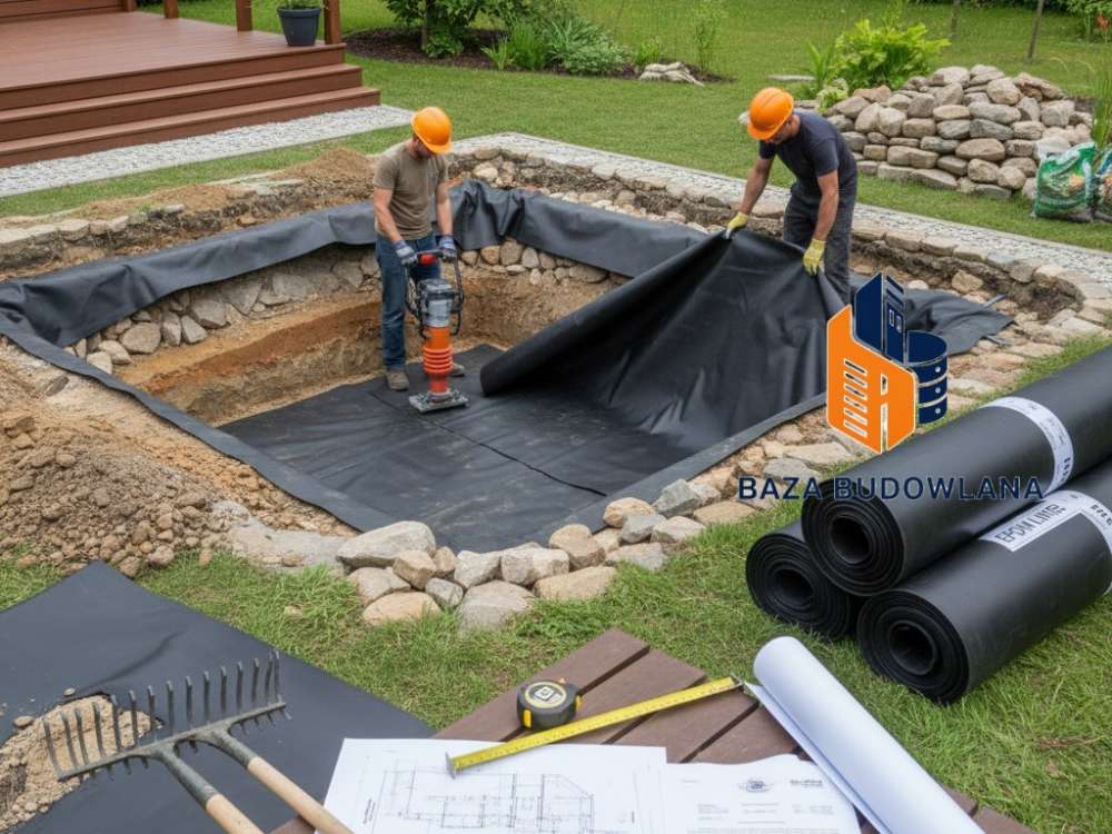 Budowa stawu krok po kroku – prace ziemne i układanie hydroizolacji w wykopie pod zbiornik.